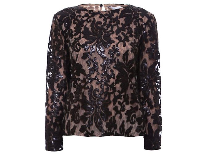 Diane Von Furstenberg Top nero a maniche lunghe DvF 'Belle' con rete in pizzo floreale con paillettes