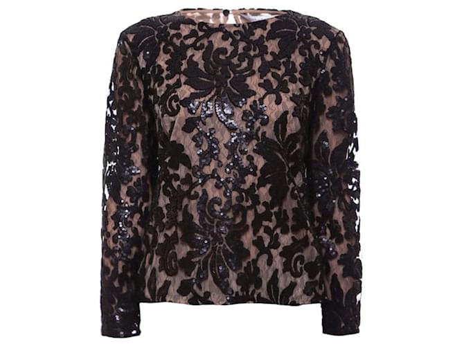 Diane Von Furstenberg DvF 'Belle' blusa de manga longa preta com malha de renda floral de lantejoulas Preto Carne  ref.851308