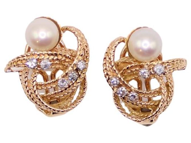 Autre Marque Yellow gold earrings 750%o braided effect set with diamonds and pearls Gold hardware  ref.851316