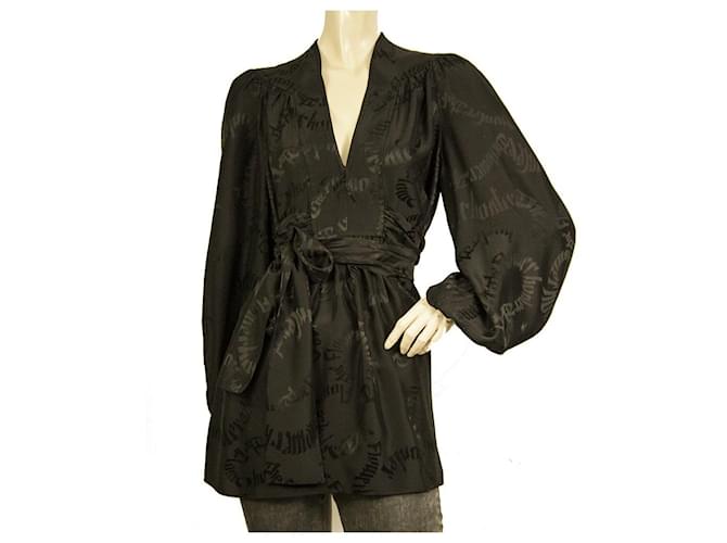 Zimmermann Black 100% Silk Bows Long Belted Tunic Blouse Jacquard Top Size 1  ref.851325
