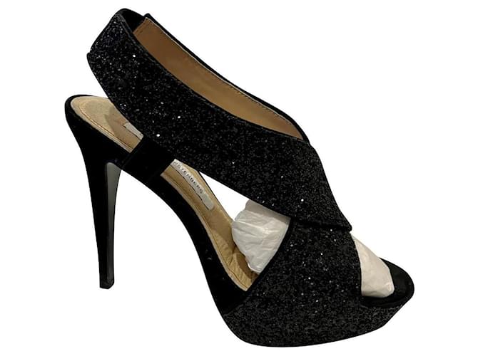 Diane Von Furstenberg DvF Zia glitter high heeled sandals Black Metallic Suede Leather  ref.851843