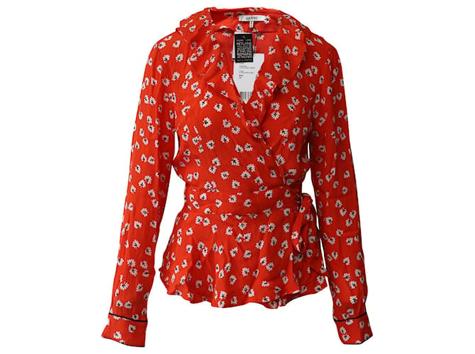 Blusa cruzada con diseño floral de crepé plateado de Ganni en viscosa roja Big Apple Fibra de celulosa  ref.851860