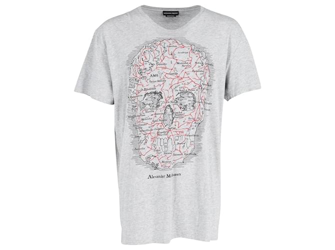 Camiseta de manga corta en algodón gris con estampado de calavera y mapa de Alexander McQueen  ref.851880