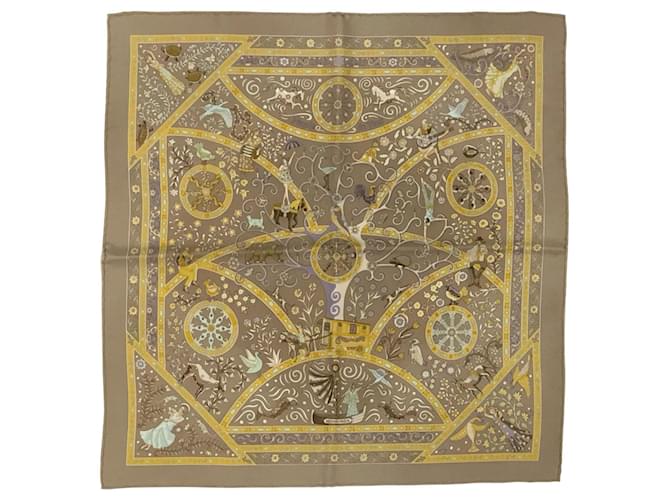 Hermès gavroche Peuple du Vent petit foulard en gris, soie jaune et aqua  ref.852128