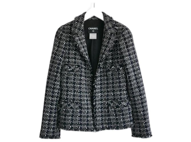 Caduta di CHANEL 2007 07Una giacca in tweed pied de poule di cashmere Grigio Blu navy