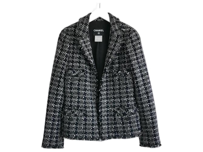 CHANEL Fall 2007 07A Cashmere Houndstooth Tweed Jacket Grey Navy blue  ref.852809