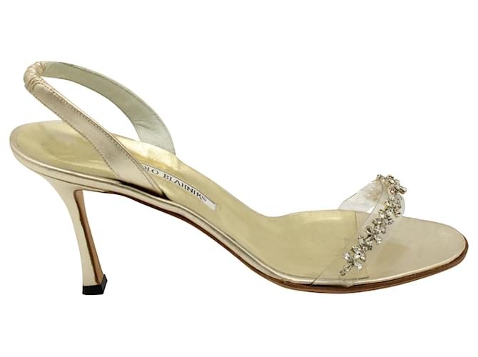 Manolo Blahnik Crystal-Embellished Sandals in Gold Leather Golden Metallic  ref.852958