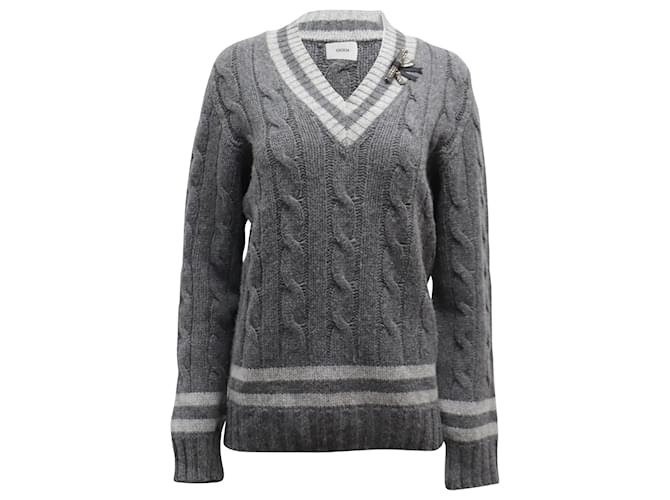Erdem Albertha V-neck Cable Knit Sweater in Grey Wool  ref.853141