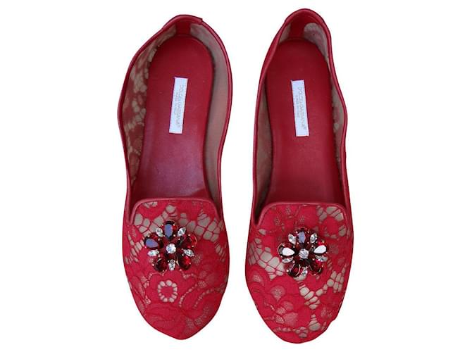 Dolce & Gabbana Ballet flats Red Cloth Lace  ref.853197