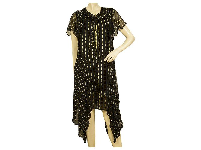 Zadig & Voltaire Rool Shiny Black Gold Asymmetric Taschentuchkleid Größe L Schwarz