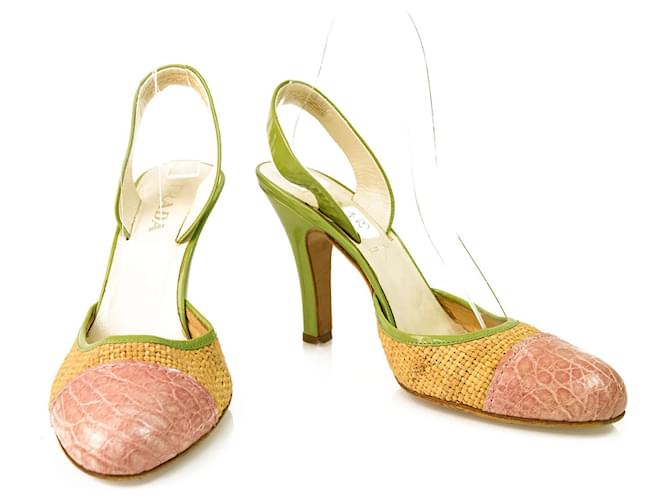 Prada Vintage Pink Cap Toe Slingbacks Verde Charol Zapatos de tacón de mimbre 36 Multicolor Cuero  ref.853837