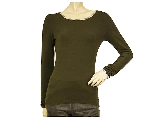 Burberry T-shirt elastica verde a maniche lunghe con rifinitura a quadri taglia XS Cotone  ref.853839