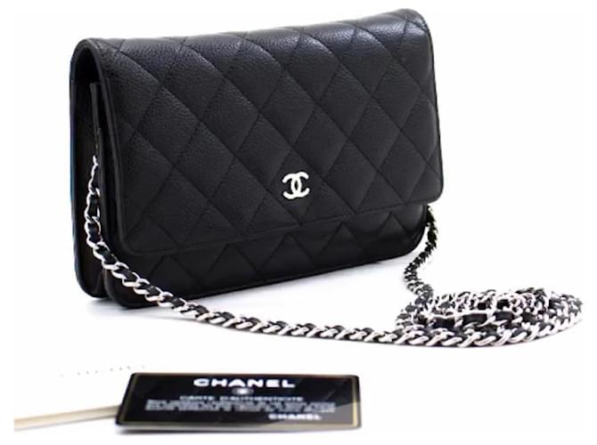 Chanel 2017 black caviar WOC Wallet on Chain with shiny silver