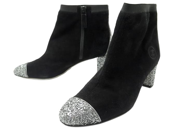 NEW CHANEL BOOTS SHOES LOGO CC SUEDE SEQUINS SILVER 38 NEW BOOTS Black  ref.854995