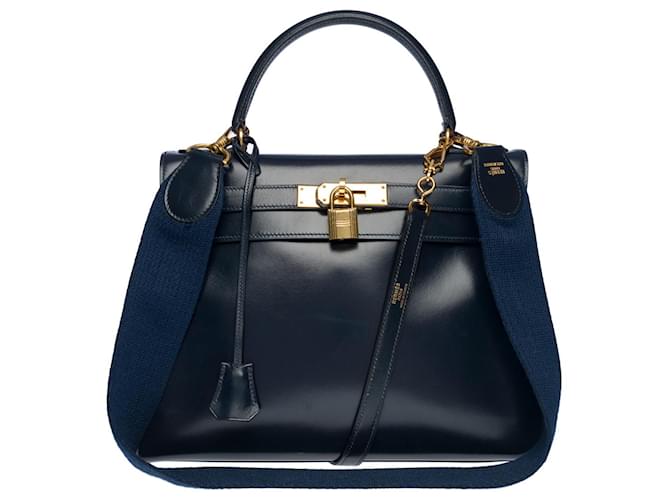 Hermès Rare Hermes Kelly handbag 28 RETURNED lined SHOULDER STRAP IN NAVY BLUE BOX LEATHER-100448  ref.855345