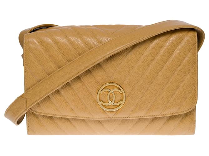 Chanel SAC BANDOULIÈRE CLASSIQUE FLAP BAG EN CUIR MATELASSE A CHEVRONS BEIGE-100391  ref.855401