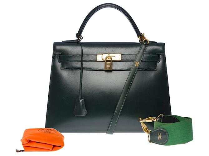 Hermès Rare Hermes Kelly handbag 32 SELLIER lined SHOULDER STRAP IN GREEN BOX  LEATHER-100858 ref.855443 - Joli Closet