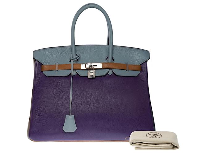 Hermès Birkin handbag 35 LIMITED SERIES HARLEQUIN-100915 Blue Golden Grey Purple Taupe Leather  ref.855472