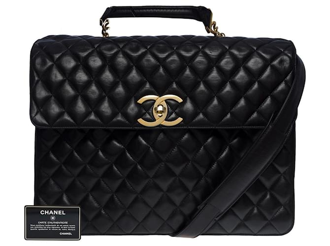Chanel porte-documents bandoulière en cuir noir-101091 Cuir d'agneau  ref.855499