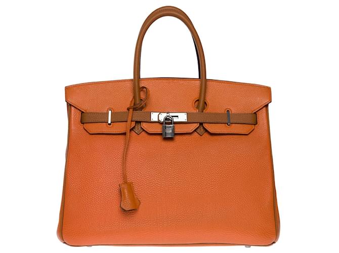 Hermès Birkin Handtasche 35 in togo orange und camel100865 Karamell Leder  ref.855506
