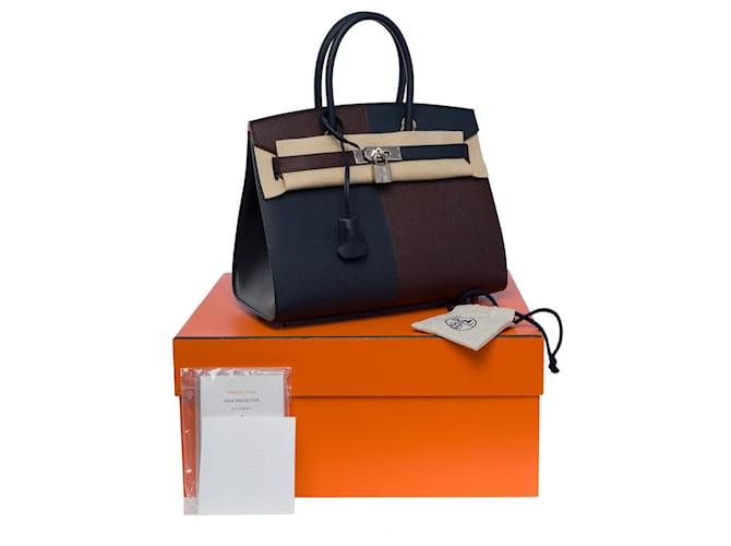 Hermès sac à main birkin 30 sellier collection "casaque"en epsom bleu indigo et rouge sellier-101118 Cuir  ref.855509