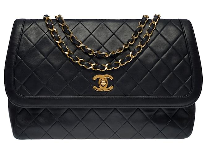 Chanel borsa a spalla Timeless/PATTA SINGOLA CLASSIC MEDIA IN PELLE DI AGNELLO TRAPUNTATA NAVY- 100635 Nero  ref.855523