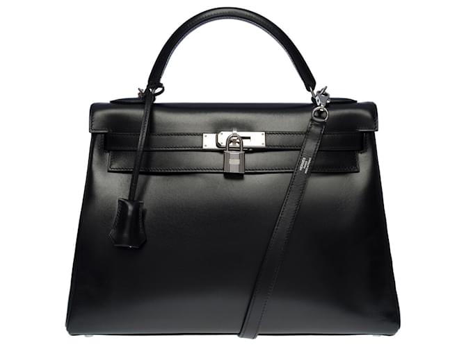 Hermès Rara borsa Hermes Kelly 32 tracolla restituita in pelle box nera, FINITURE IN METALLO ARGENTO -100667 Nero  ref.855540