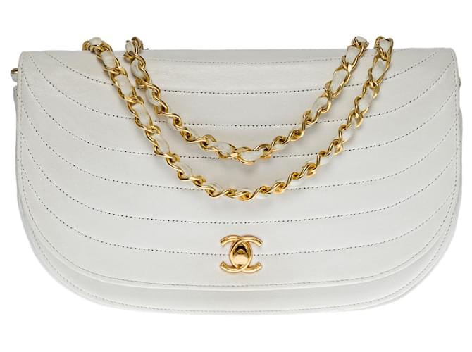 Timeless CHANEL CLASSIC FLAP BAG HALF-MOON CROSSBODY BAG IN WHITE LAMB LEATHER -100669  ref.855544