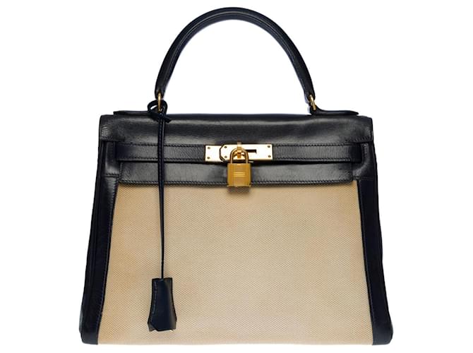 Hermès Kelly handbag 28 RETURNE BI-MATERIAL IN NAVY BOX LEATHER AND BEIGE CANVAS-100650 Blue Cloth  ref.855549