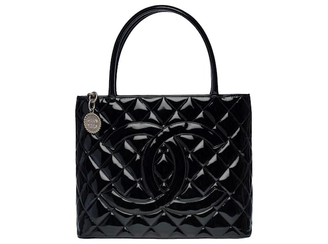 Medaillon CHANEL MEDALLION TOTE BAG IN BLACK QUILTED PATENT LEATHER100730  ref.855579