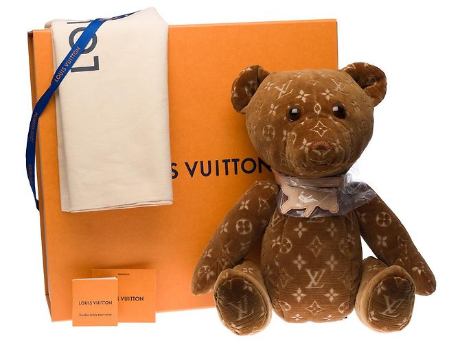 Excepcional osito de peluche "DouDou" de Louis Vuitton en suave tela con monograma en beige y marrón Castaño