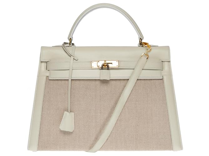 Hermès RARE HERMES KELLY BAG 32 SELLIER BANDOULIER BI-MATERIAL IN BEIGE CANVAS AND BROKEN WHITE LEATHER100753 Cloth  ref.855584