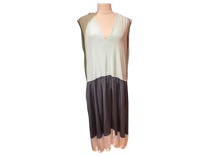 Tibi Seiden Cape Kleid Grau Creme Hellgrün