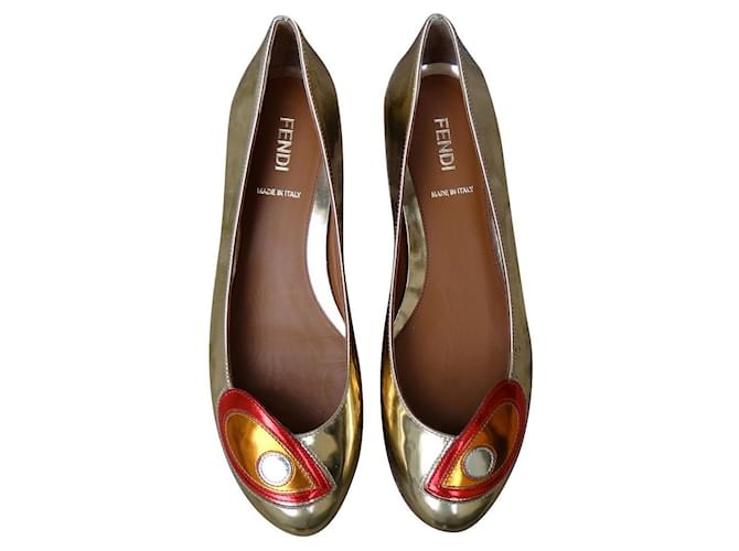 Fendi Ballerines Cuir vernis Multicolore Doré  ref.857457