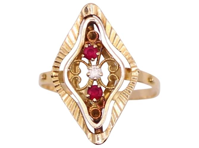 Autre Marque Yellow gold ring 750%o watermarked, diamond pattern with rubies and zirconium oxides Gold hardware  ref.857483