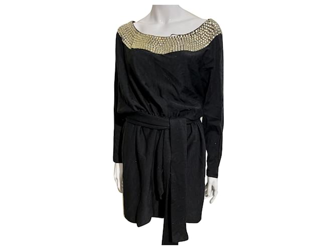 Halston Heritage wool dress with Cleopatra collar Black Golden  ref.857826
