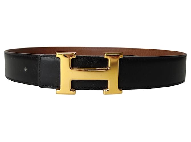 Cinturón Hermès Constance en piel bicolor 80 cm Negro Cuero  ref.857899