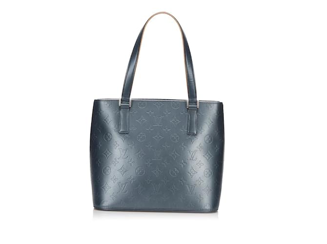 Louis Vuitton Stockton M55115 Monogram Mat Leather Tote Handbag Blue Gray