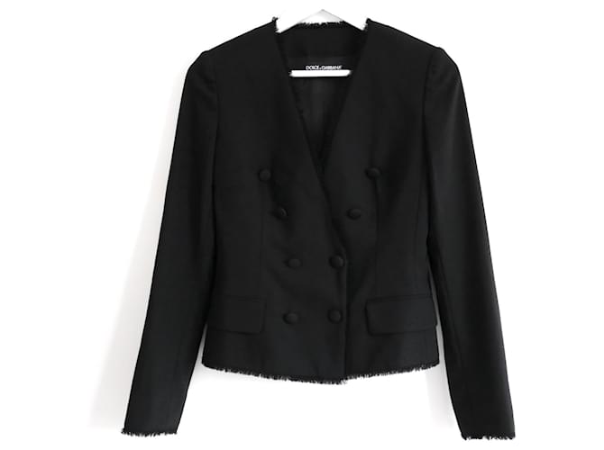 Dolce & Gabbana Veste noire bordée de franges Blazer Laine  ref.858529