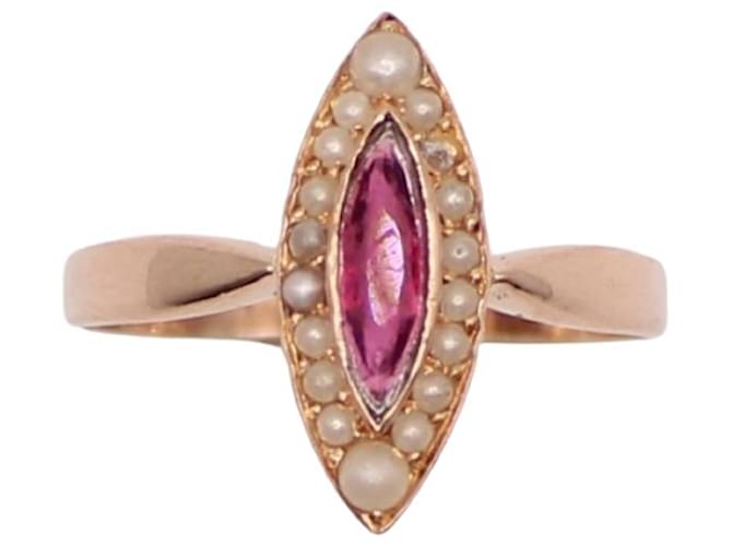Autre Marque Marquise-Ring, Napoleon III, Perlen und Rotgold-Granat 750%O Weiß Gold hardware Roségold  ref.858606