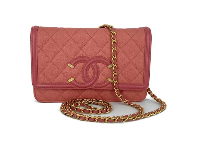 Wallet On Chain Chanel Filigrane Geldbörse an Kette Leder Umhängetasche in ausgezeichnetem Zustand Pink  ref.859093