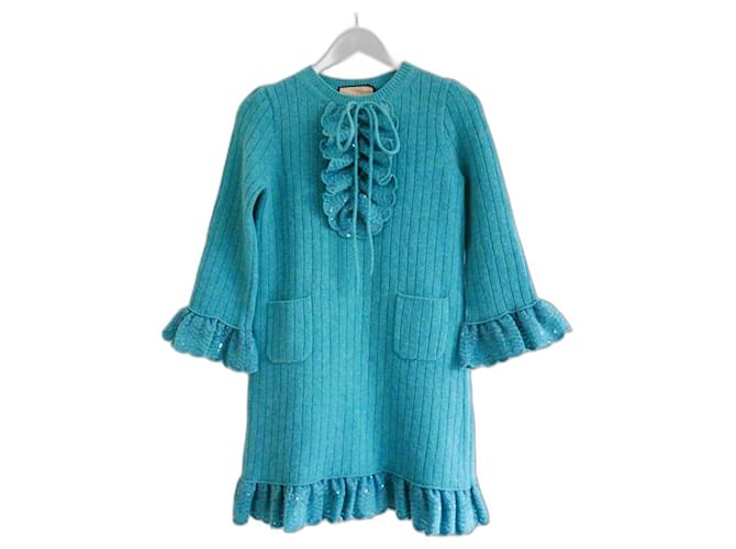 Gucci Aqua Wool Sequin Bow Dress Turquoise  ref.859357
