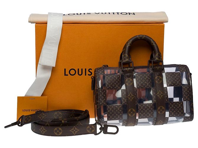 Louis Vuitton mini keepall bag 25 virgil abloh shoulder strap in canvas and pvc-100697 Brown