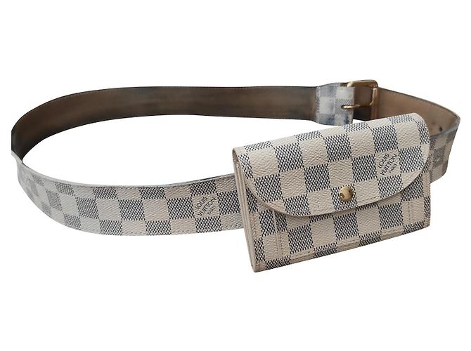 Louis Vuitton Azur Damier Gürtel mit Beutel Weiß Beige Grau