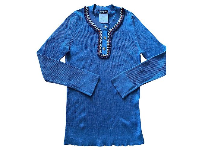 Pull en lin côtelé Chanel Bleu Denim Métiers d'Art