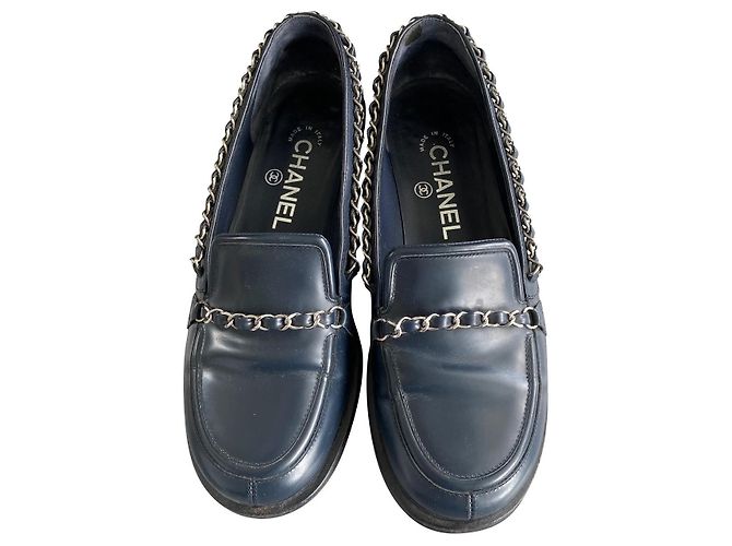 Chanel Loafers Navy Blue Leather Silver Chain