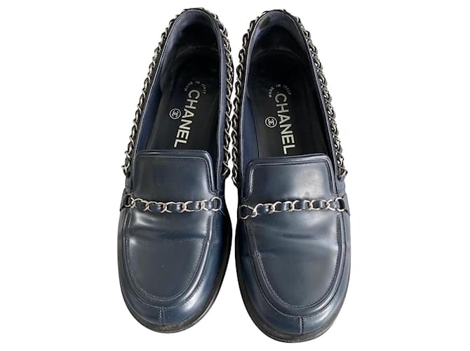 Chanel Flats Navy blue Leather  ref.861287