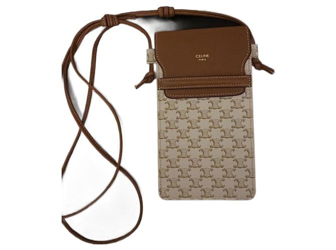 Céline Triomphe Canvas and Lamb Leather Phone Bag White