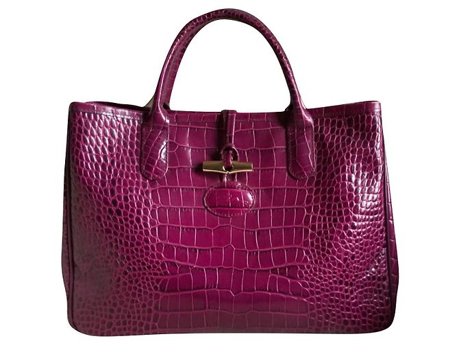 Longchamp Roseau Bolsa Tote de Couro Croco Roxo