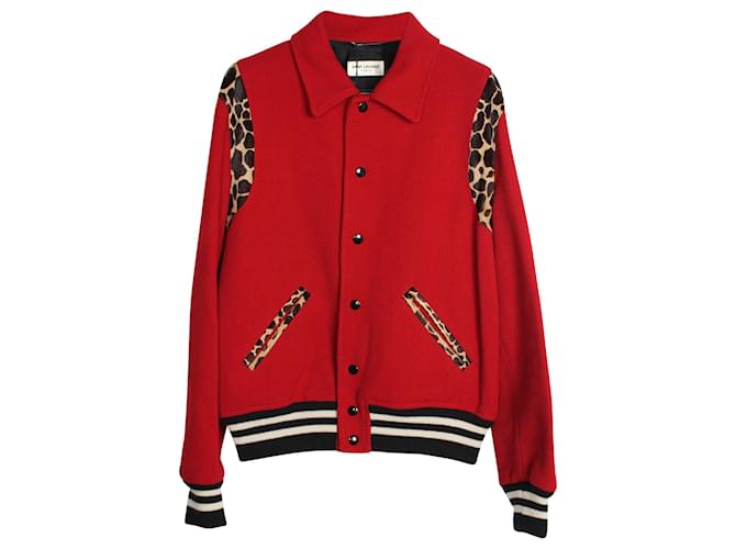 Saint Laurent Leopard-Trimmed Teddy Bomber Jacket in Red Lana
